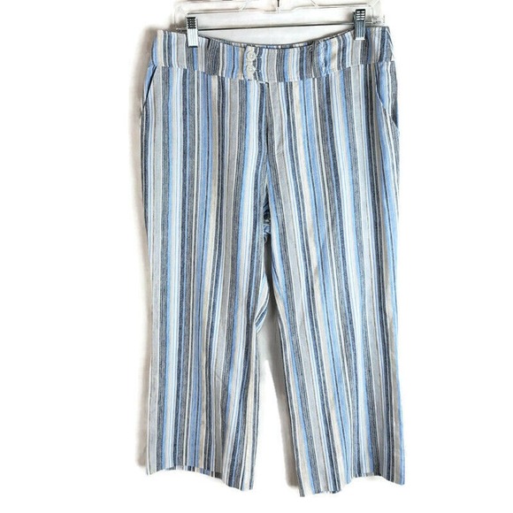 CC - Catherine Stewart Linen Cropped Pants Women's Size 8 Blue White Tan Striped - Picture 1 of 6